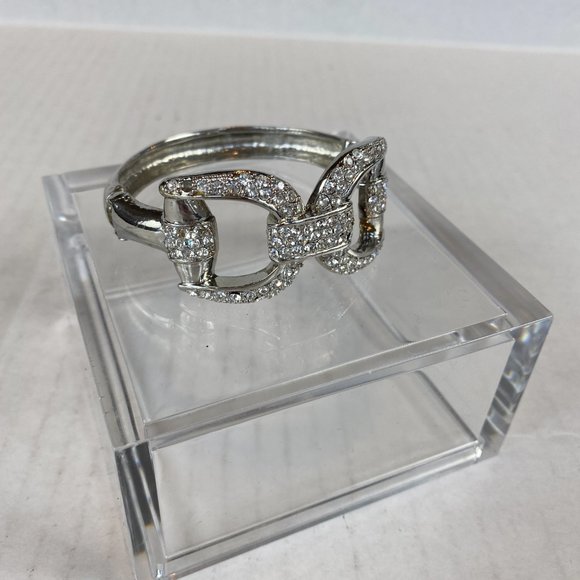 Gorgeous Rhinestone Encrusted Silver Hinged Stirrup Style Bracelet Bangle New - Picture 5 of 7